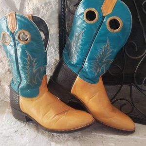 Tony Lama Womens Vintage 8.5 M Turquoise and Goldenrod with Black Accent Boots